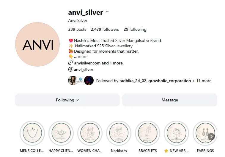 Anvi Silver Instagram profile showing Nashik’s Most Trusted Silver Mangalsutra Brand