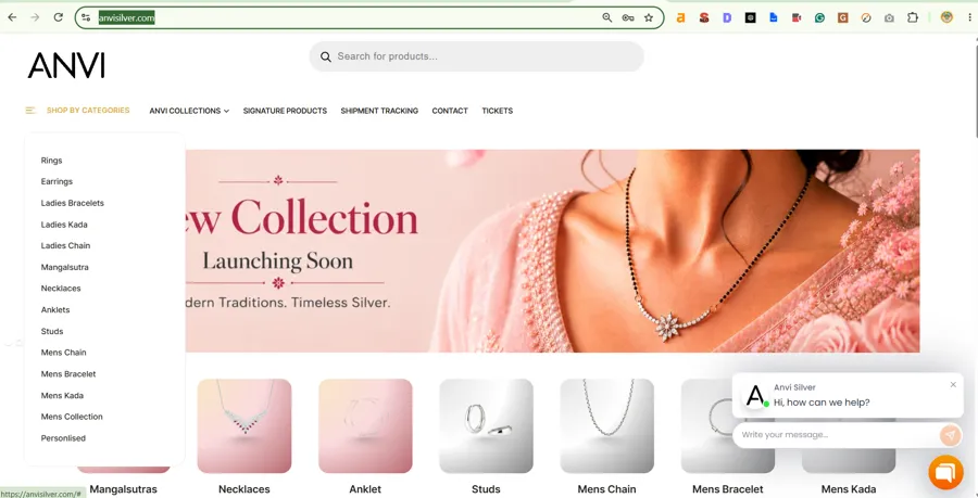 Anvi Silver ecommerce website homepage with product categories