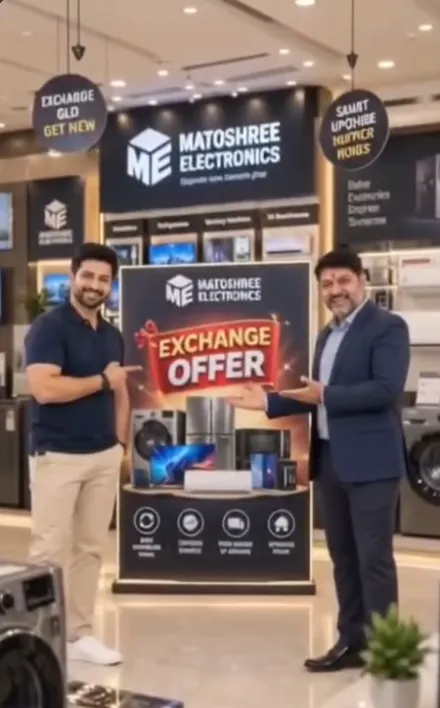 AI video frame showing two men presenting an exchange offer in the Matoshree Electronics showroom