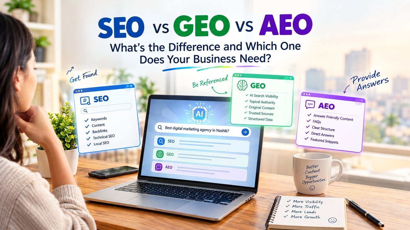 SEO vs GEO vs AEO - Difference Between Search Engine, Generative Engine and Answer Engine Optimization - Growholic Corporation Nashik